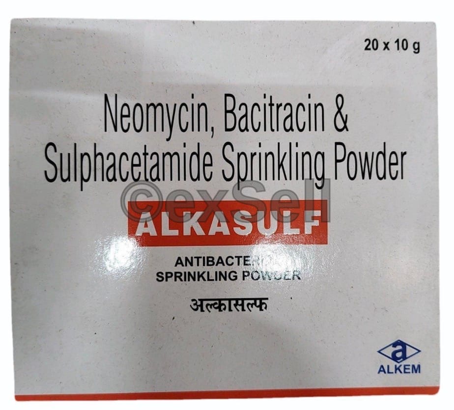 Alkasulf Antibacterial Sprinkling Powder Combination Sprinkling powder – Sulphacetamide (60mg), Neomycin sulphate (5mg), and Bacitracin (250 IU)