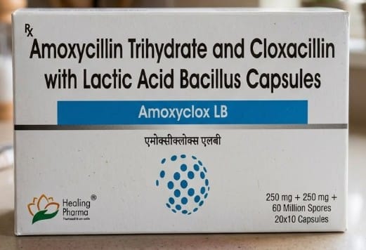 Amoxyclox LB 500 mg + 60 Million spores Capsules – Amoxycillin (250 mg) + Cloxacillin (250mg) + Lactobacillus (60 million spores)