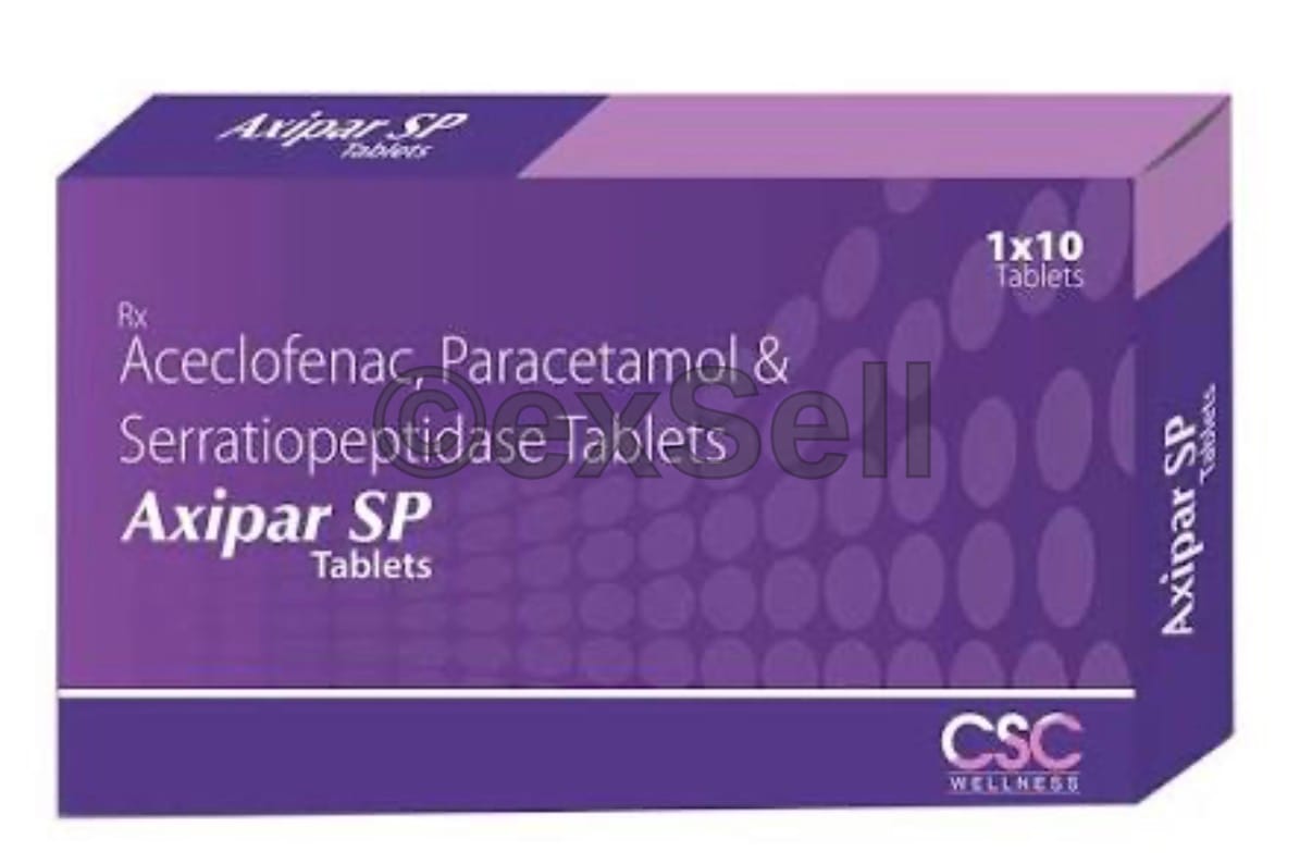 Axipar SP Tablet 100mg + 325mg + 15 mg Tablet – Aceclofenac (100mg) + Paracetamol (325mg) + Serratiopeptidase (15mg)