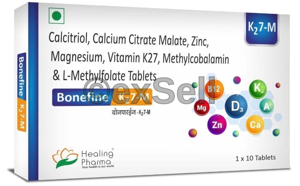 Bonefine K27 M Tablet Combination Tablet – Calcium Citrate Maleate (1000 Mg) + Cyanocobalamin / Vitamin B12 (1000 Mg) + Elemental Magnesium (50 Mg) + Elemental Zinc (7.5 Mg) + L-methylfolate Calcium (800 Mcg) + Vitamin D3 (Cholecalciferol) (600 Iu) + Vitamin K27 (45 Mcg)