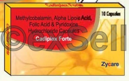 Cadiplex Forte Capsule (1500mcg)+ (100mg)+(3mg) +(1.5mg) Capsule – Methylcobalamin (1500mcg) + Alpha Lipoic Acid (100mg) + Vitamin B6 (Pyridoxine) (3mg) + Folic Acid (1.5mg)