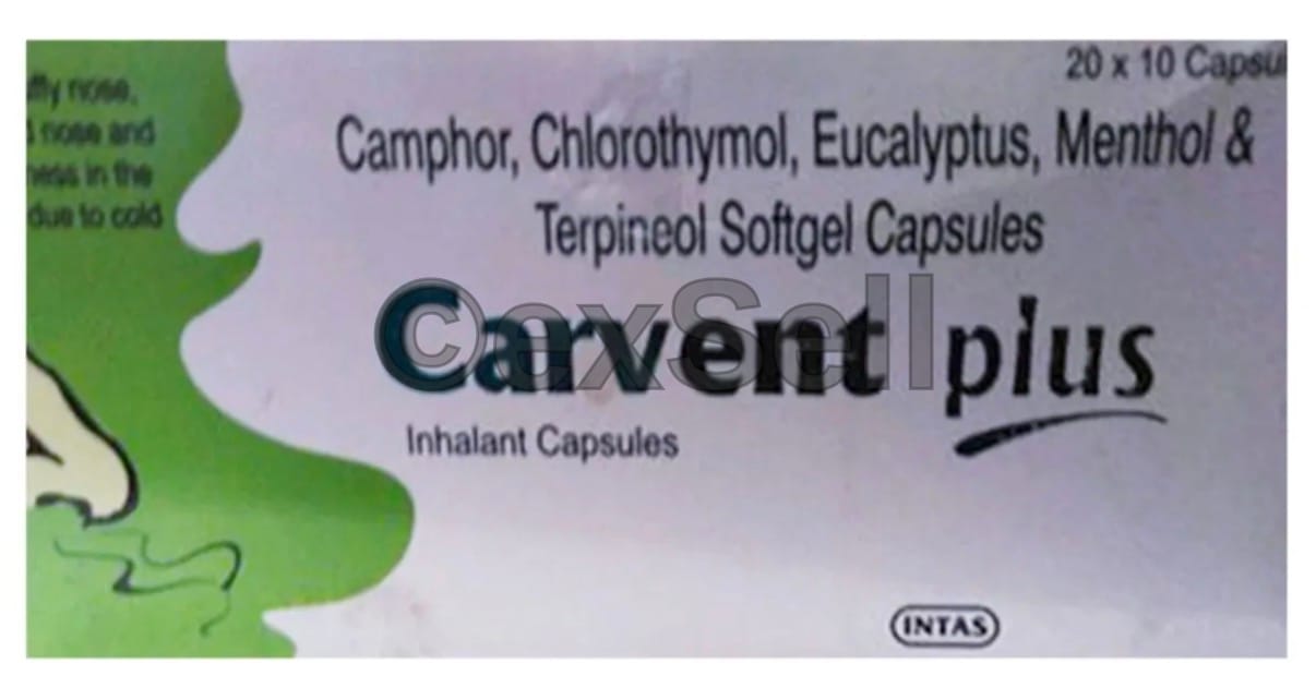 Carvent Plus Inhalant Capsule Combination Inhalant Capsule – Camphor (25 Mg) + Chlorothymol (5 Mg) + Eucalyptus Oil (125 Mg) + Menthol (55 Mg) + Terpineol (125 Mg)