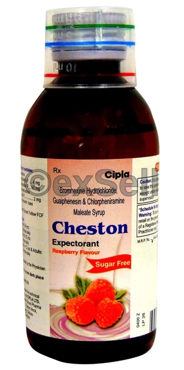 Cheston Expectorant Raspberry Sugar Free 100 ml Syrup – Bromhexine (4mg) + Guaifenesin (50mg) + Chlorpheniramine Maleate (2mg)
