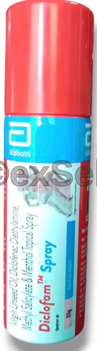 Diclofam Spray 35gm Combination Spary – Diclofenac Diethylamine (1.16 %) + Menthol (5 %) + Methyl Salicylate (10 %) + Virgin Linseed Oil (3 %)