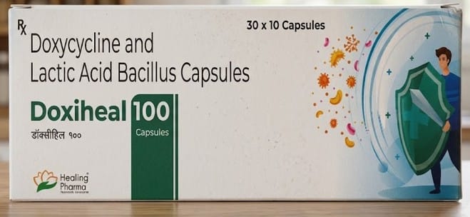 Doxiheal 100 100 mg + 60 million spores Capsule – Doxycycline ( 100 mg) + Lactobacillus ( 60 million spores)