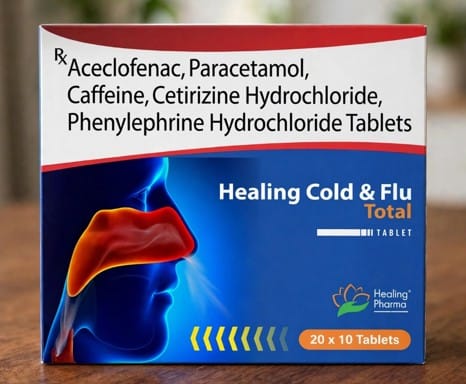 Healing Cold & Flu Total 465 mg Tablets – Aceclofenac (100 Mg) + Caffeine (25 Mg) + Cetirizine (10 Mg) + Paracetamol/acetaminophen (325 Mg) + Phenylephrine (5 Mg)