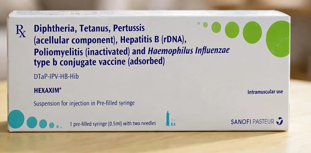Hexaxim Vaccine 0.5ml per dose Injection – Diphtheria -20 IU, Tetanus -40 IU, Pertussis (PT 25 mcg, FHA 25 mcg), HepB 10 mcg, Polio, Hib 12 mcg conjugated to tetanus protein.