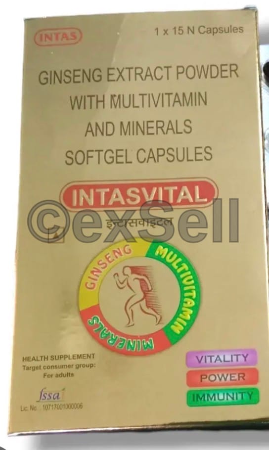 Intasvital Capsule Combination Capsule – Folic Acid (150 Mcg) + Ginseng (42.5 Mg) + Magnesium Sulphate (10 Mg) + Methylcobalamin (1 Mcg) + Thiamine (1 Mg) + Tocopherol (5 Mg) + Vitamin A / Retinol (2500 Iu) + Vitamin B5 (Pantothenic Acid) (2.5 Mcg) + Vitamin B6 (Pyridoxine) (1 Mg) + Vitamin D3 (Cholecalciferol) (200 Iu) + Zinc Sulphate (10 Mg