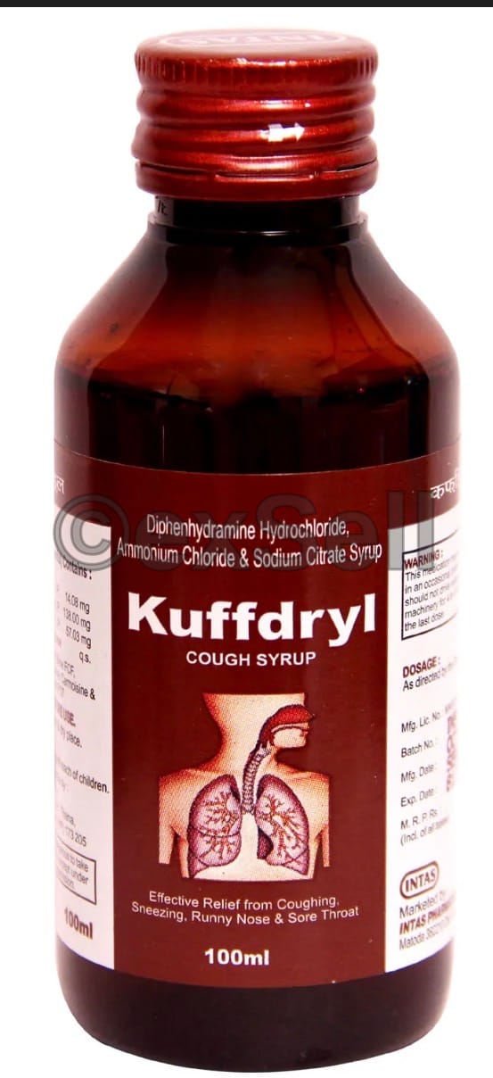 Kuffdryl Syrup Combination Syrup – Ammonium Chloride (138mg) + Sodium Citrate (57.03mg) + Diphenhydramine (14.08mg) + Menthol (1.14mg)