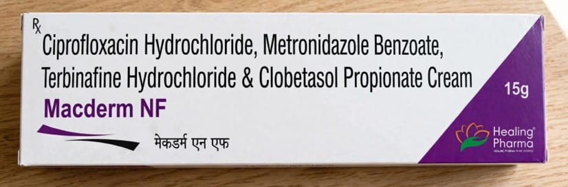 Macderm NF 3.05% w/w Cream – Ciprofloxacin (1% w/w)+ Metronidazole (1% w/w)+ Terbinafine (1% w/w)+ Clobetasol (0.05% w/w)