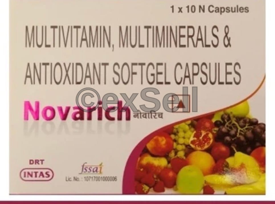 Novarich Capsule Combination Capsule – Calcium (75 Mg) + Chromium (3.1 Mcg) + Ferrous Sulphate (1.64 Mg) + L-lysine (1 Mg) + Manganese Sulphate (0.32 Mg) + Phosphorus (58 Mg) + Potassium (0.52 Mg) + Vitamin B1 (1.0 Mg) + Vitamin B2 (1.0 Mg) + Vitamin B5 (Pantothenic Acid) (1.0 Mg) + Vitamin B6 (Pyridoxine) (0.5 Mg) + Zinc (0.18 Mg)