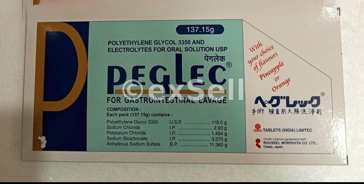 Peglec Powder with Polyethylene Glycol & Electrolytes for Gastrointestinal Lavage 137.15 gm Powder – Polyethylene Glycol,Sodium Chloride,Potassium Chloride,Sodium Bicarbonate,Anhydrous Sodium Sulphate