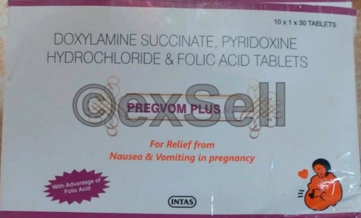 Pregvom Plus Tablet 10mg/10mg/5mg Tablet – Doxylamine (10mg) + Vitamin B6 (Pyridoxine) (10mg) + Folic Acid (5mg)