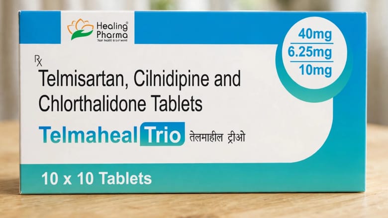 Telmaheal Trio 56.25 mg Tablets – Chlorthalidone (6.25 mg) + Cilnidipine (10 mg)+ Telmisartan (40 mg)
