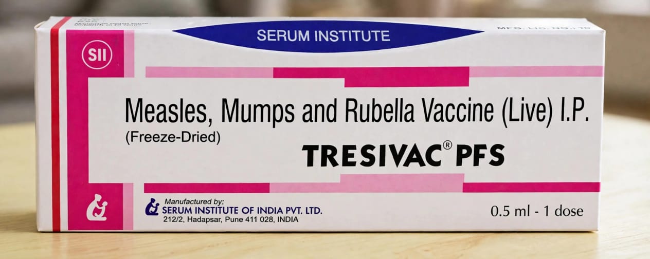 Tresivac PFS Vaccine 0.5ml per dose Vial (Freeze-dried powder) – Measles  (Live) (1000ccid50) + Mumps Virus (5000ccid50) + Rubella  (Live) (1000ccid50)