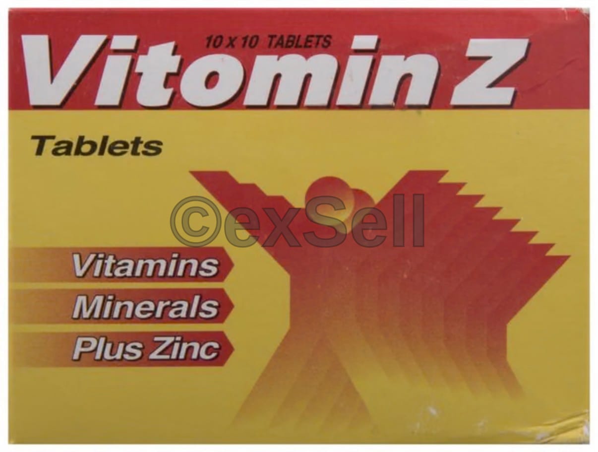 Vitomin Z Tablet Combination Tablet – Beta-carotene Biotin Calcium Pantothenate (Vitamin B5) Cholecalciferol (Vitamin D3) Cyanocobalamin (Vitamin B12) Folic acid Nicotinamide (Vitamin B3) Pyridoxine (Vitamin B6) Riboflavin (Vitamin B2) Thiamine (Vitamin B1) Vitamin A Vitamin C (Ascorbic acid) Vitamin E (Alpha tocopheryl acetate)